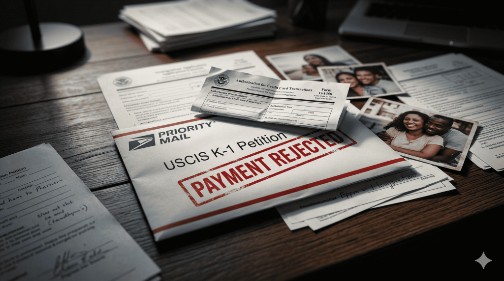 Envelope de petição USCIS K-1 com formulário G-1450 e carimbo vermelho de pagamento rejeitado sobre mesa com documentos de imigração